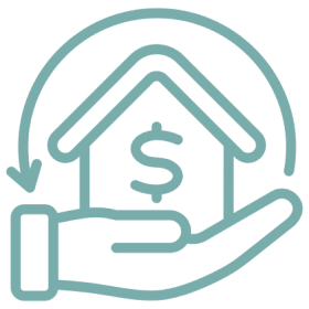 Hand holding house with dollar sign.