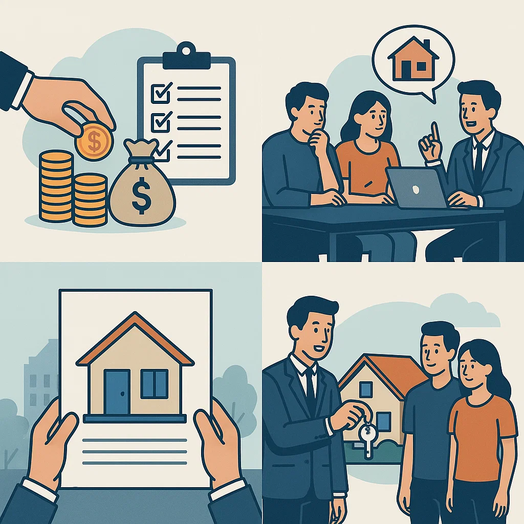 Illustrations of real estate transactions and home financing.