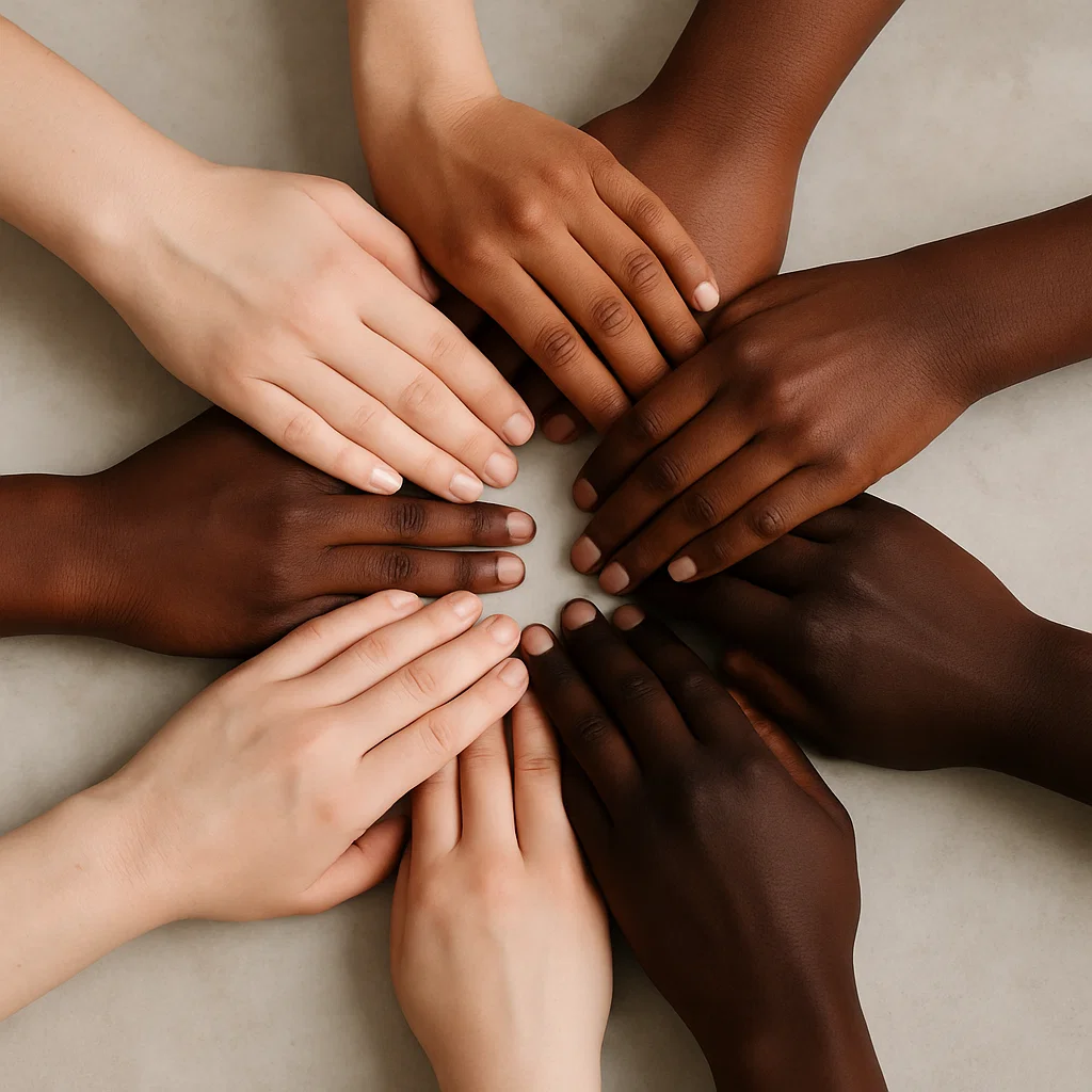 Diverse hands joined in a circle symbolizing unity and support.